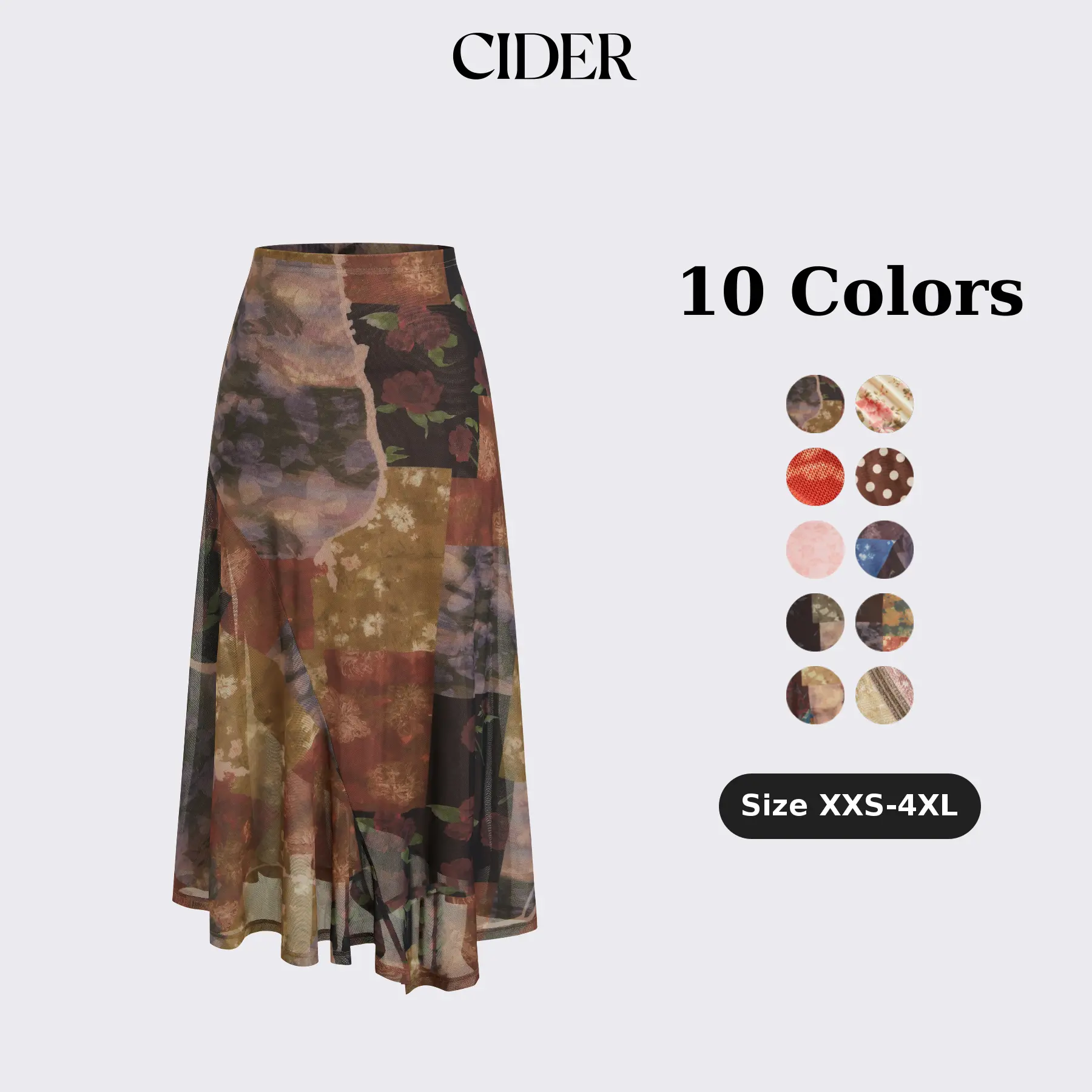 Cider Mesh Mid Rise Abstract Graphic Floral Asymmetrical Hem Maxi Skirt
