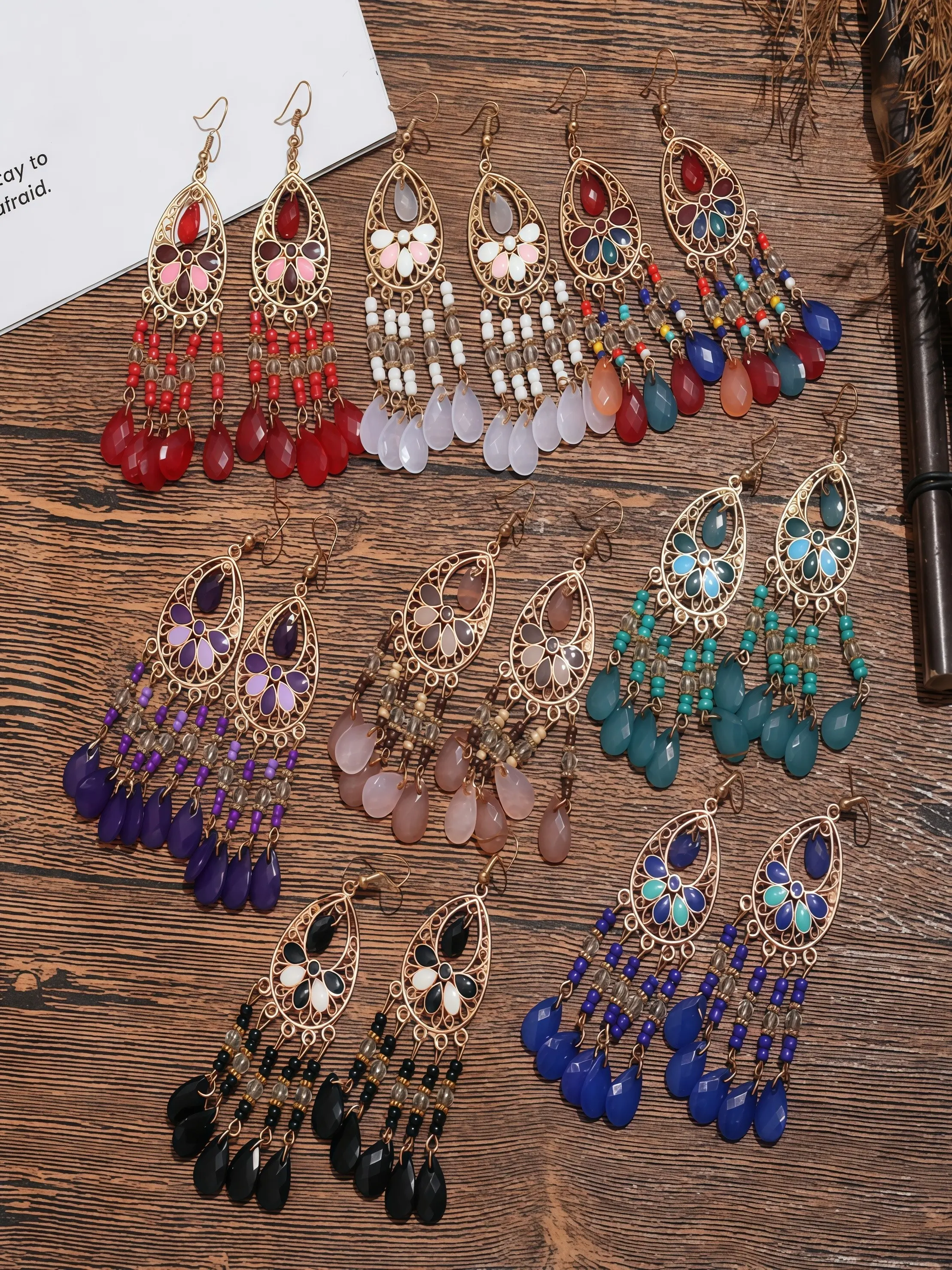 16 Pcs Boho Long Dangle Earrings, Vintage Ethnic Beaded Ear Cuffs, Exotic Vacation Photo Atmosphere Summer Jewelry, Alloy Material, All over Print