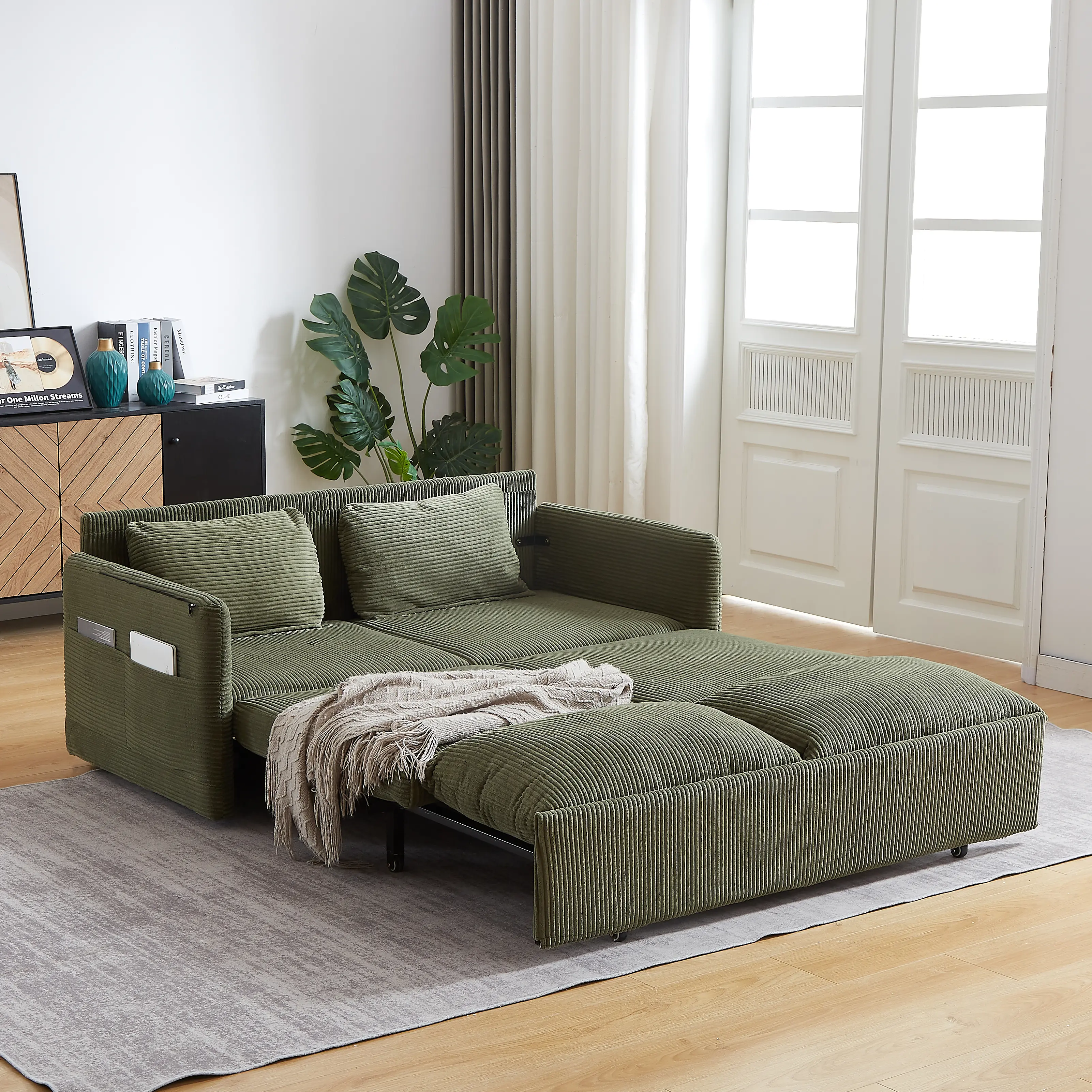 ARCH 64.5 Inch Sleeper Sofa Bed 3-in-1 Adjustable Pullout Bed with 2 Pillows Side Pockets Soft Corduroy Convertible Couch for Living Room Bedroom Apartment Office Guest Room, Living Room Furniture for Apartment, Lounge, Family Room