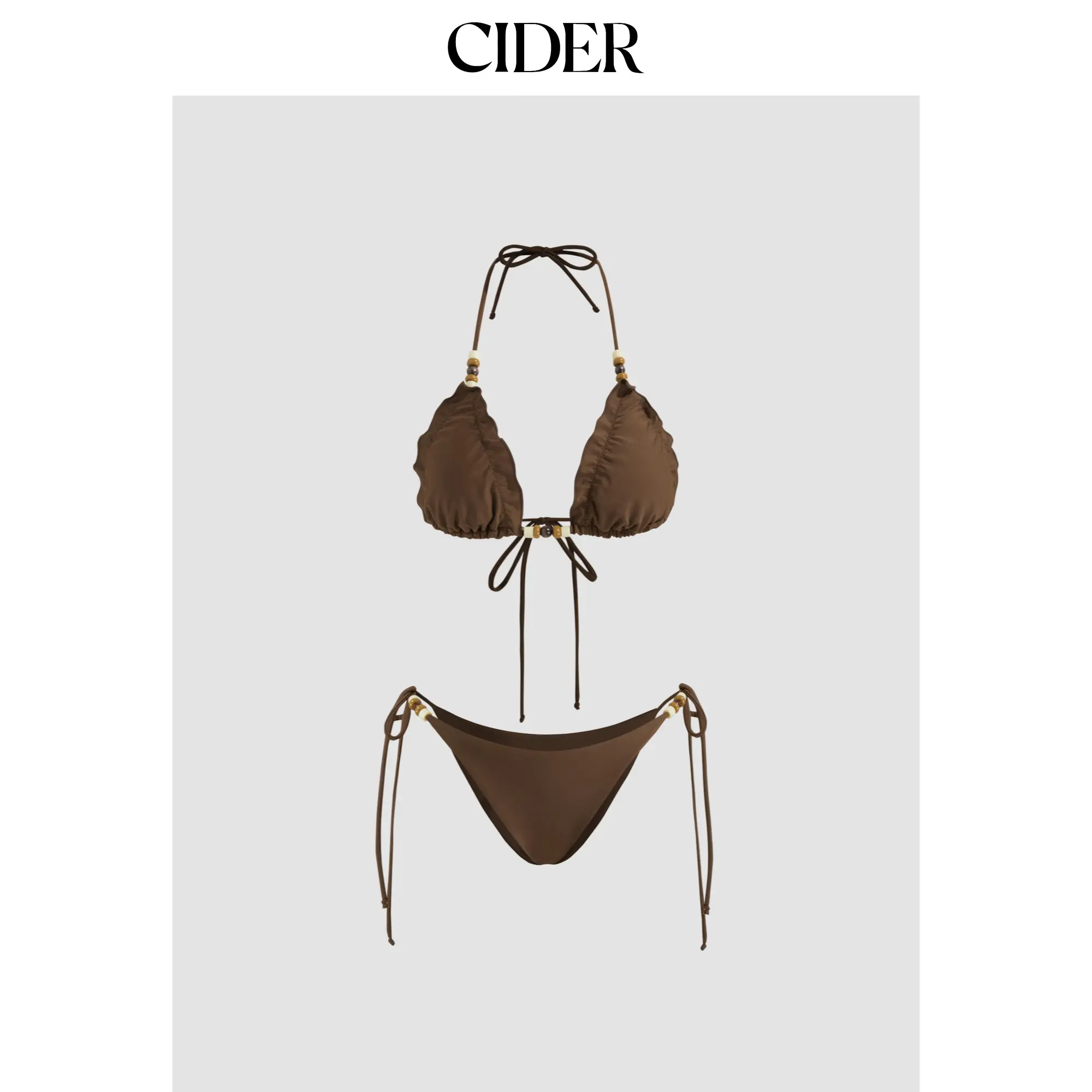 Cider V-neck Beaded Lettuce Trim Halter Tie Side Bikini Set