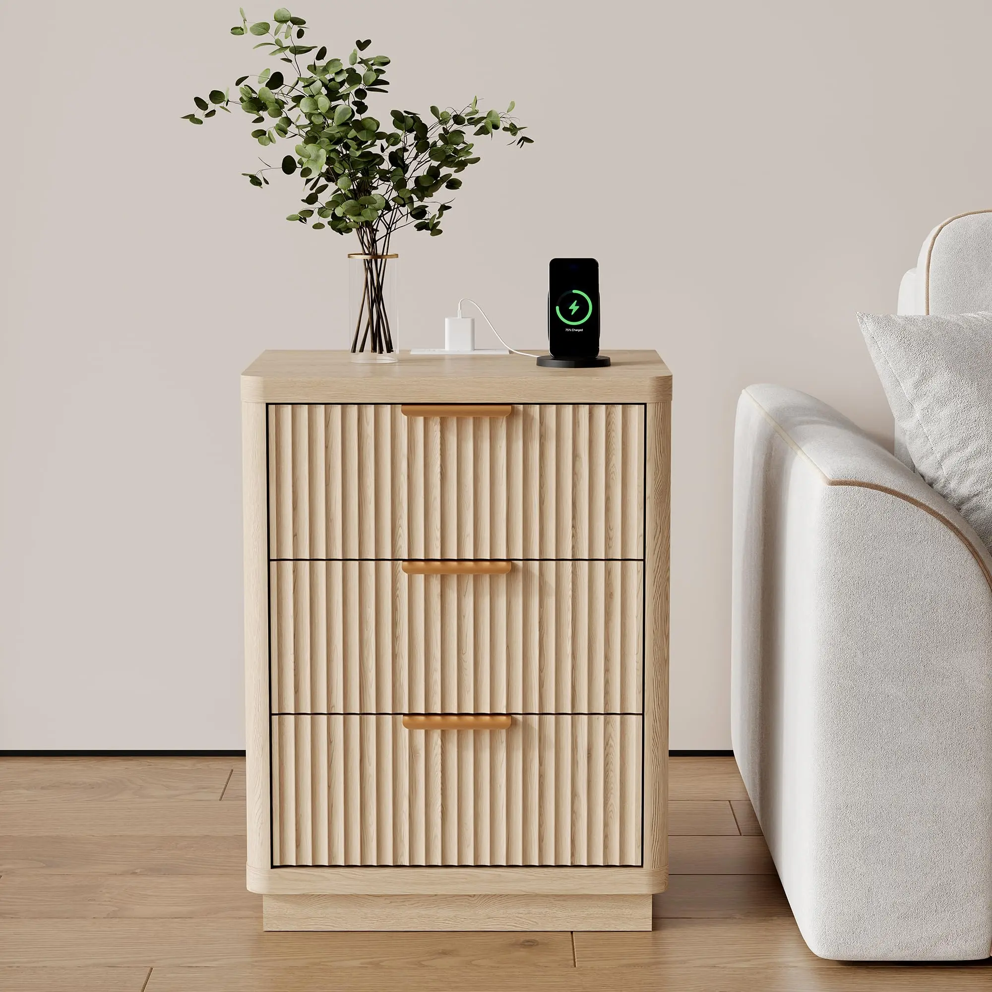 【IdealHouse】Mid Century Modern Fluted Nightstand with Charging Station, Wooden End Table Featuring Curved Corners, Practical Storage Bedside Furniture