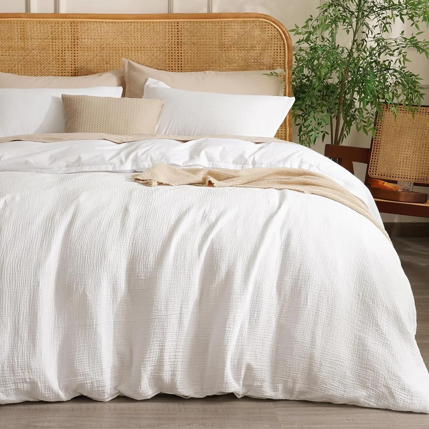 Muslin Duvet Cover Set  Size,3 Pcs Ultra Soft Breathable & Lightweight Gauze Bedding Set with 2 Pillowcases,Textured  Decor with Button, 90"x90" White,No Insert