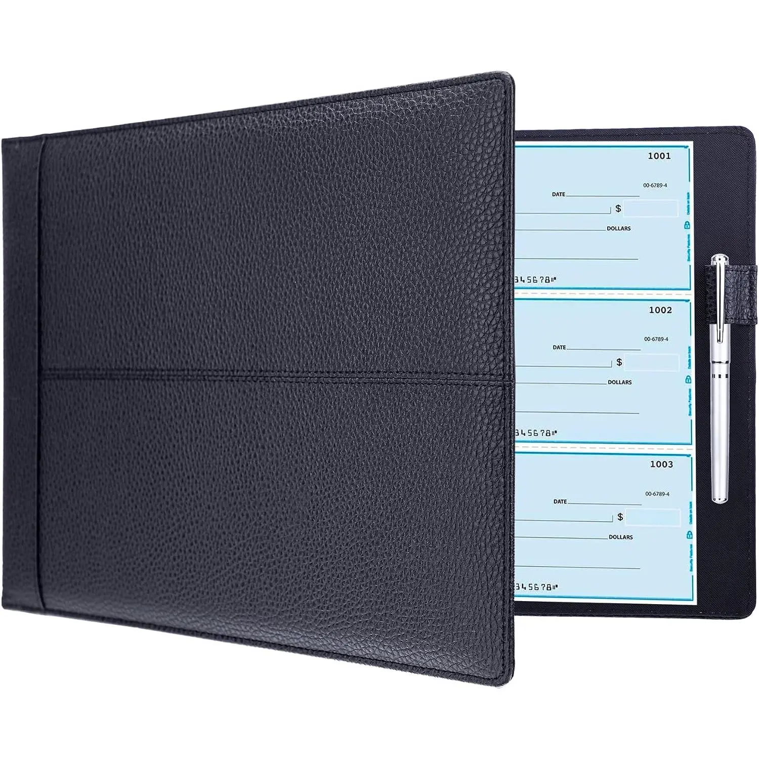 7 Ring Business Checkbook Binder for Business Checks, 600 Checks Capacity, PU Leather Check Book Binder Cover with Zipper Pouch, Executive Organizer Portfolio Holder for 9x13 Inch Sheets, Black