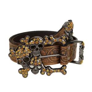 Y2K Punk Belt with Rhinestone Skull Buckle & Tooled Floral Leather