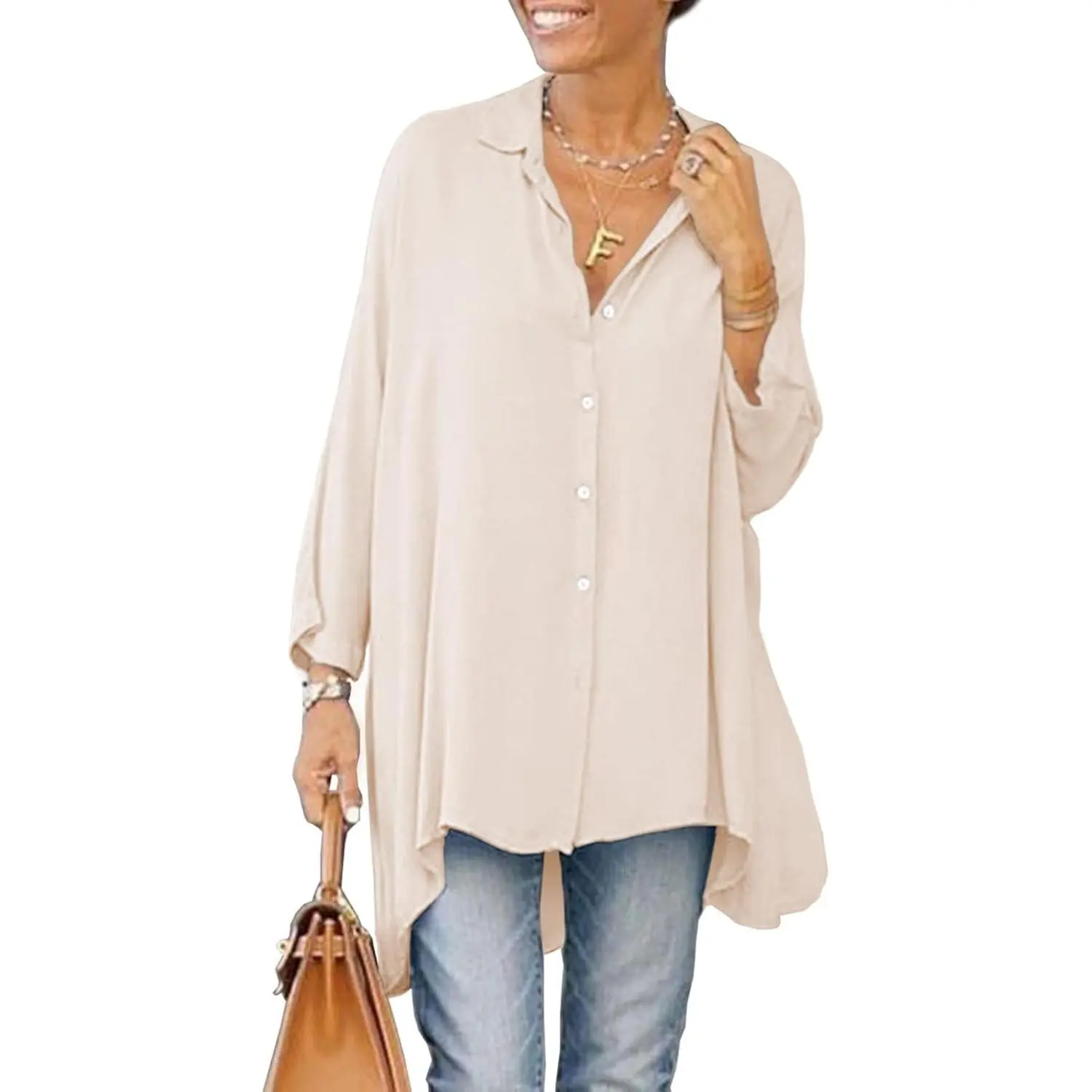 Imily Bela Womens Oversized T Shirts Button Down Long Sleeve Shirt V Neck Collar Loose Flowy Blouse