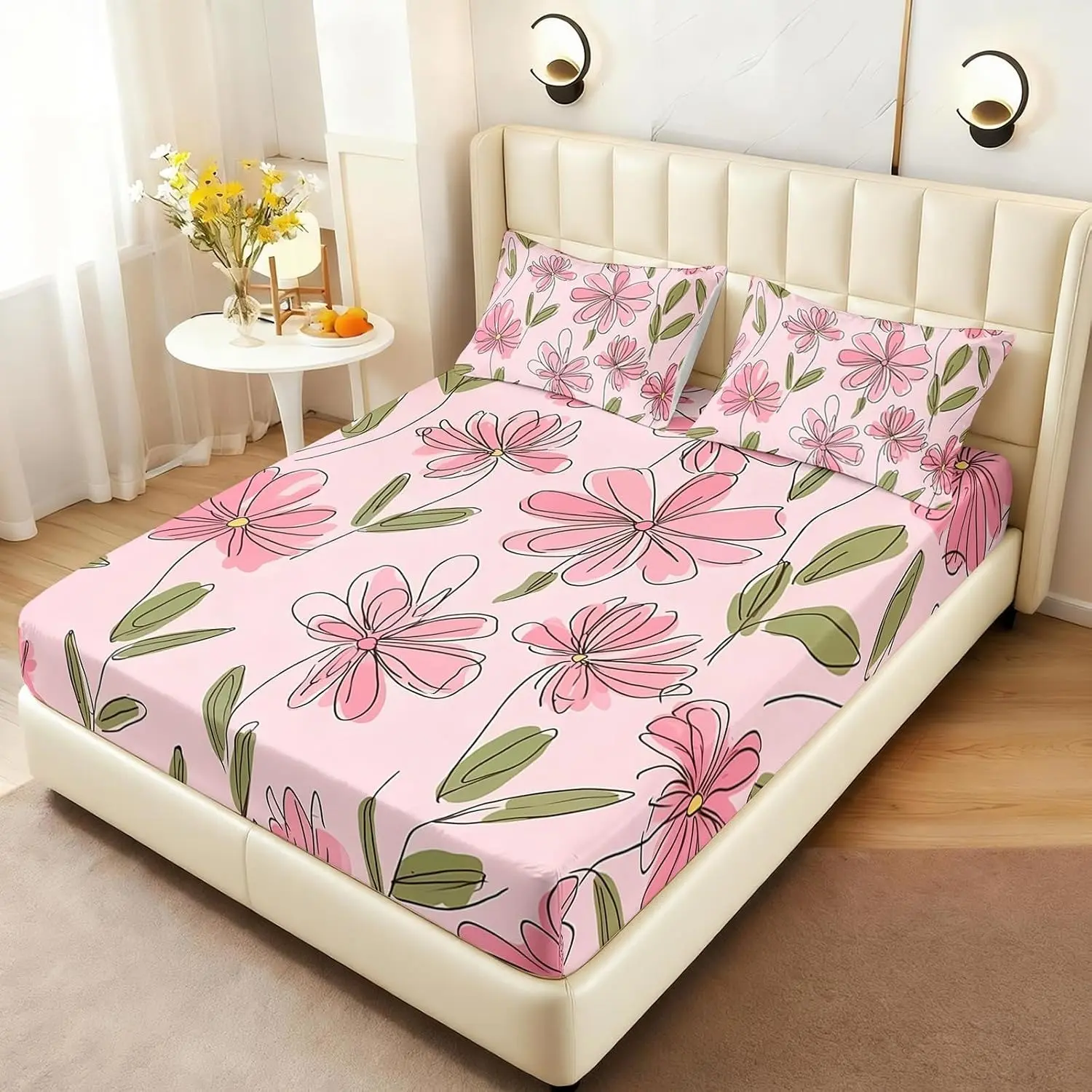 3-Piece Set Rose Floral Print Bed Sheet and Pillowcase Combo, Bedsheet Set, Soft Breathable, Floral Bedding, Bedroom Guest Room Essentials