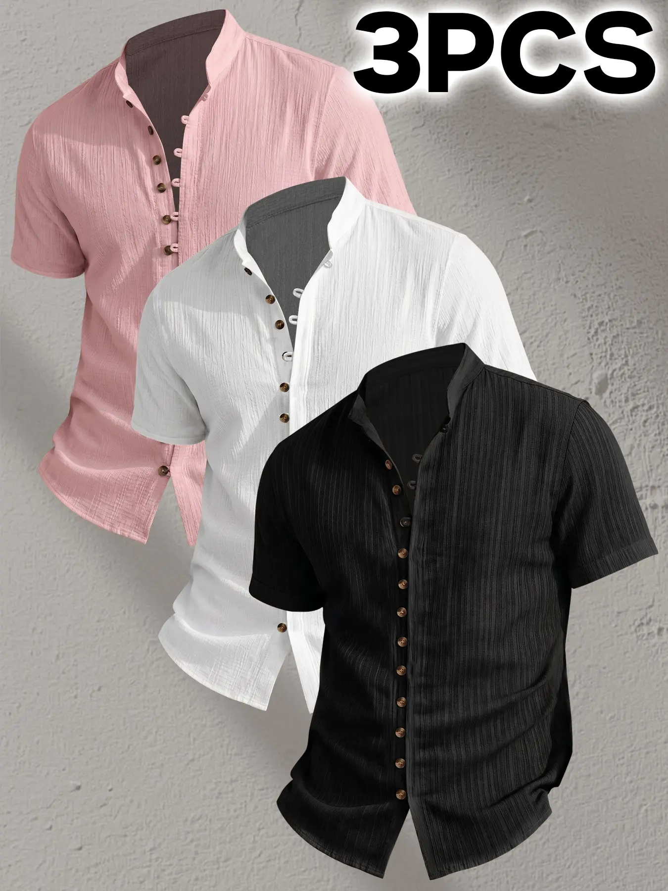 3pcs Men's Summer Short Sleeve Shirt - Lightweight Breathable Solid Color Button-Up Casual Shirt with Stand Collar, lightweight shirt, Multi-button design, Machine Washable for Beach Vacation,Pool Party & Casual Attire,Beach Shirt.