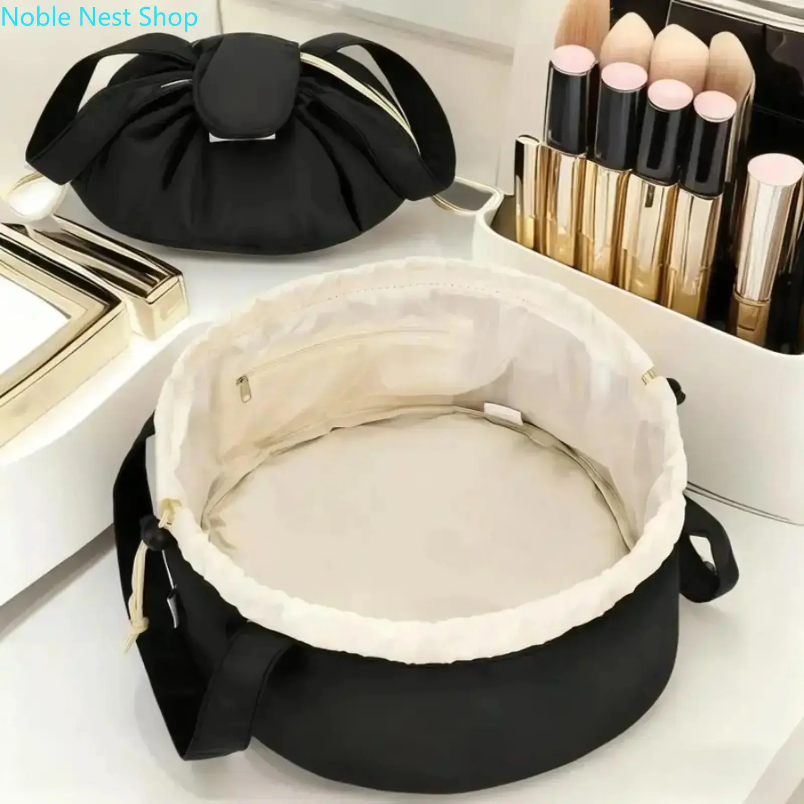 All-in-One Lazy Drawstring Makeup Bag, Waterproof Large Capacity Cosmetic Pouch, Compact Durable Storage Purse for Women Girls, Travel, Business Trip and Christmas Gift