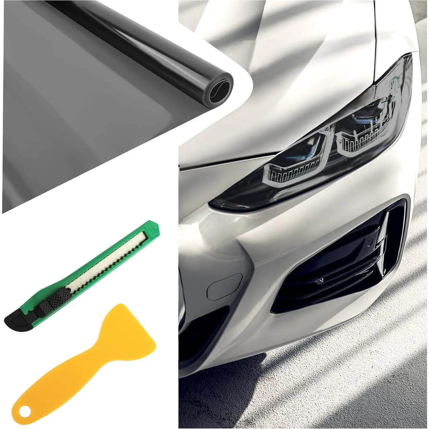 12× Inch  Headlight Tint Film,Self-Adhesive Tail Light Tint Film Kit with  & , Taillight Tints Films Automotive Exterior Accessories for  Fog (Light Gray)