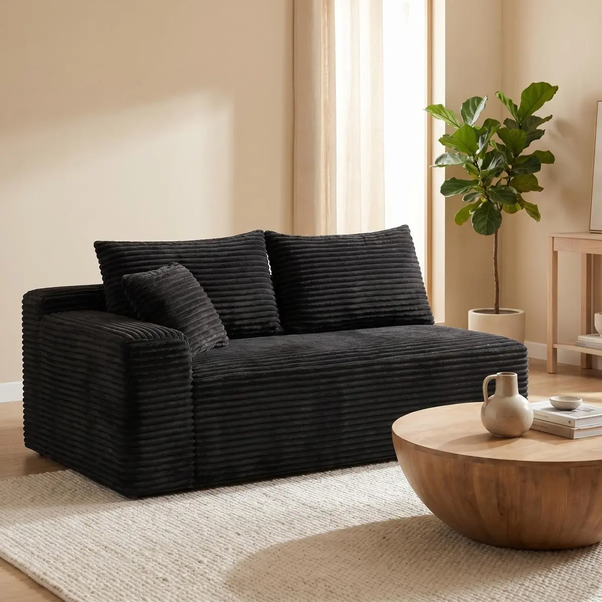 Black Corduroy Modern Modular Compression Accent Chair - Legless Floor-Hugger, Armless, Easy Setup for Living Room, Bedroom