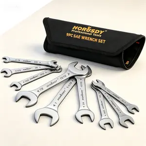 9-Piece Thin Wrench Set| SAE Standard Sizes 1/4" to 1"| Slim Profile Open End Design| Rolling Pouch Included| Bike Repair Tool Set| Compact Travel Wrench Set