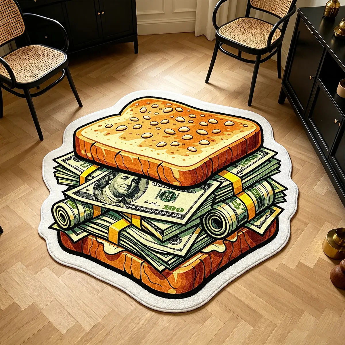 Funny Irregular Rug, Us Dollar Toast Sandwich Carpet, American Style Funny Living Room Bedroom Mat, Cool Hip Hop Home Decor Rug, Indoor Area Rug