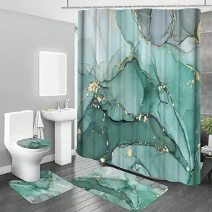 1/4PCS Cyan Marble Bathroom Decor Set – Light Luxury Shower Curtain, Toilet Cover, U-Shaped Mat & Bath Mat, Exquisite Bathroom Life Essentials