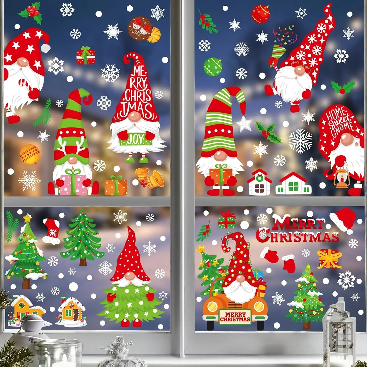 Christmas Window Stickers, Static Christmas Decals, Dwarf Santa Snowman Snowflake Stickers, Glass Window Decor, Home Office Indoor Decoration