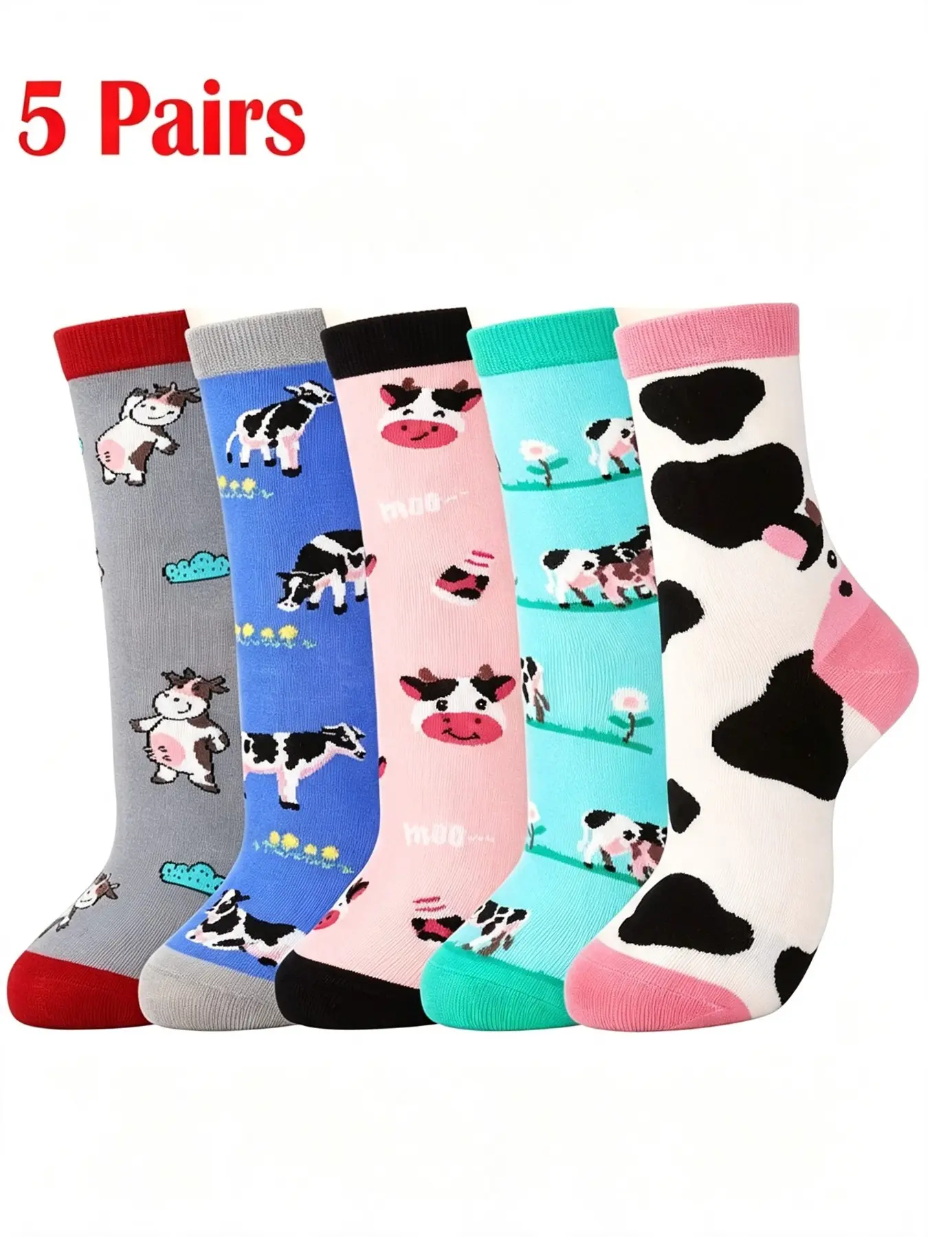 5 Pairs Cute Cow Print Women's Crew Socks, Comfortable Soft Breathable Fabric, Ideal for Cow Lovers, Daily Commute, Home Relax, Gift Ideas