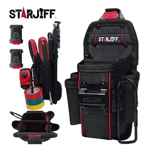 STARJIFF Electrician's Mini Tool Kit with belt clip, tape measure sleeve, tape hanger, 5 pockets, and 1680D leather electrician's case, Tool Storage, Tool Bag Organizer, Tool Organizing Bag, suitable for electricians and carpenters
