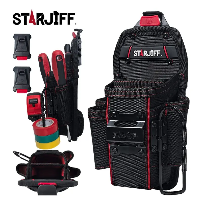 STARJIFF Electrician's Mini Tool Kit, Tool Pouch With Belt Clip, tape measure sleeve, tape hanger, 5 pockets, 1680D electrician's case, Tool Organizer, suitable for electricians and carpenters
