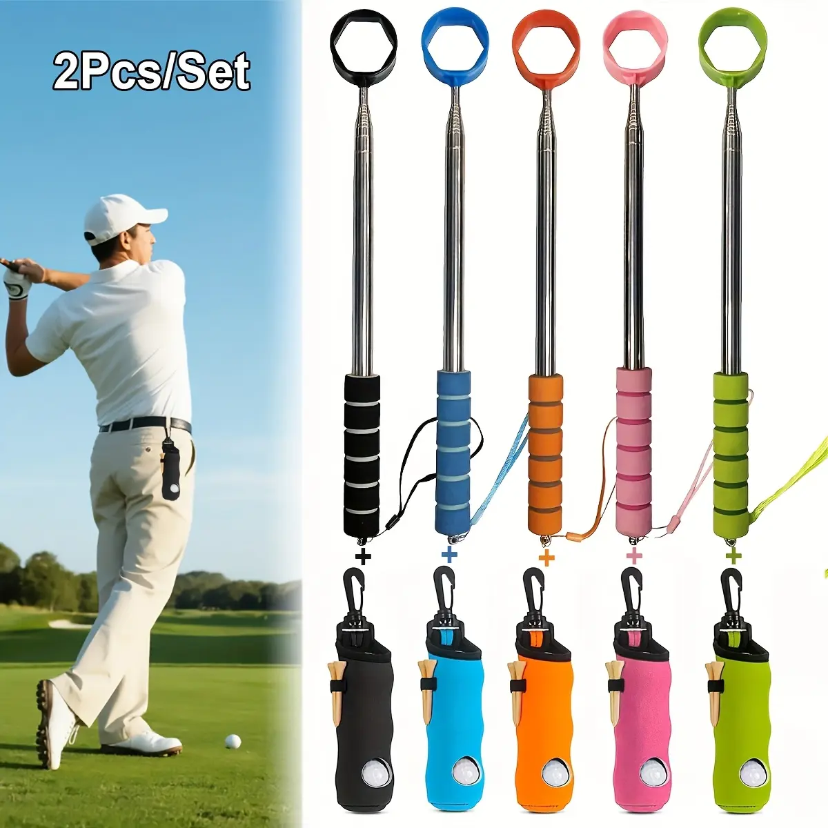[2 pieces/set] Adjustable golf ball retriever with golf ball bag/golf base stand, 9-foot golf ball retriever, golf ball collection tools, golf ball grabber, golf accessories. Ideal gift for golf enthusiasts.