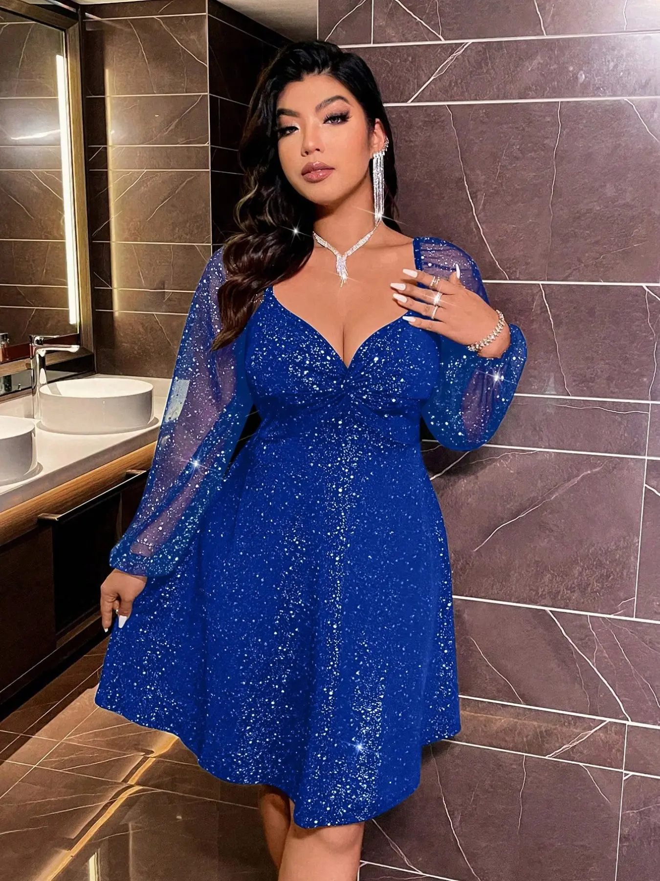 Women's Plus Size Baby Blue Sparkly Short Dress, Fit Chest Knot Deep V Sheer Mesh Bubble Long Sleeve A-Line Cocktail Party Dress