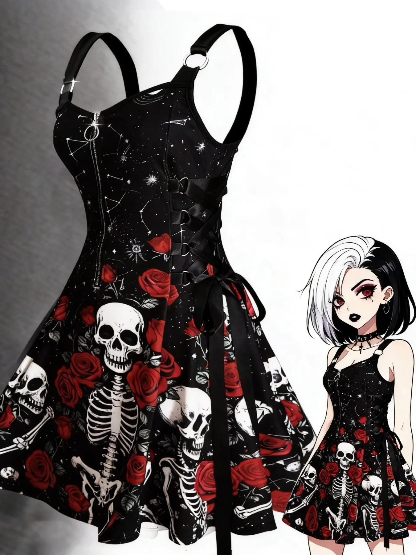 Halloween Skull and Rose Print Dress, Fun Skeleton Design, Perfect for Festival Parties, Dark Fashion Slim Fit Dress