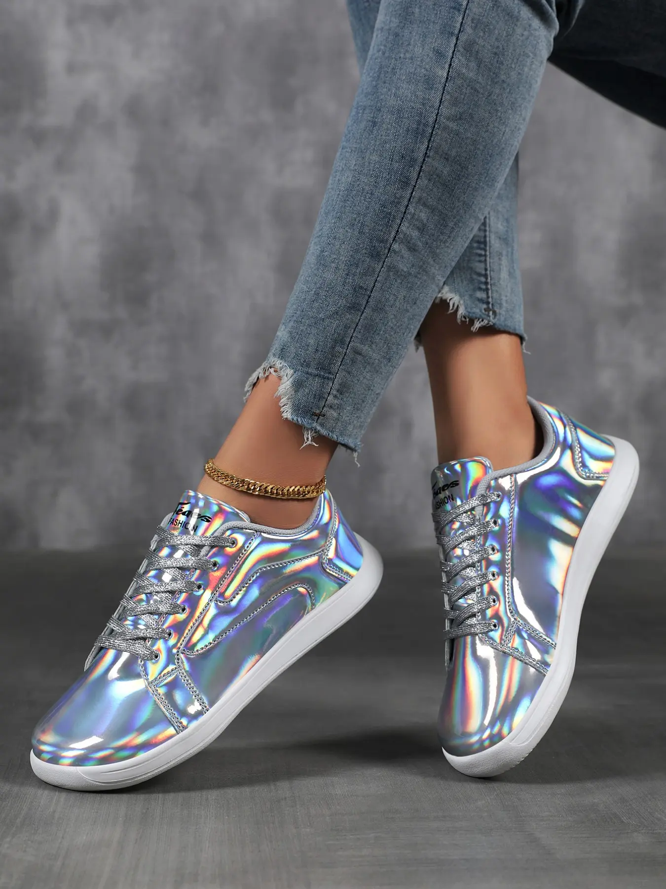 Women's Holographic Iridescent Patent Leather Skate Shoes, Shiny Mirror Lace Up Flat Casual Street Sneakers, Trendy and Stylish Footwear