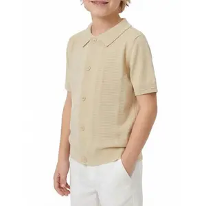 Boys' Knit Polo Shirt - Short Sleeve Button Down Cardigan Sweater, Kids Soft Viscose Blend Vintage Vertical Ribbed Knitwear Tops GSB