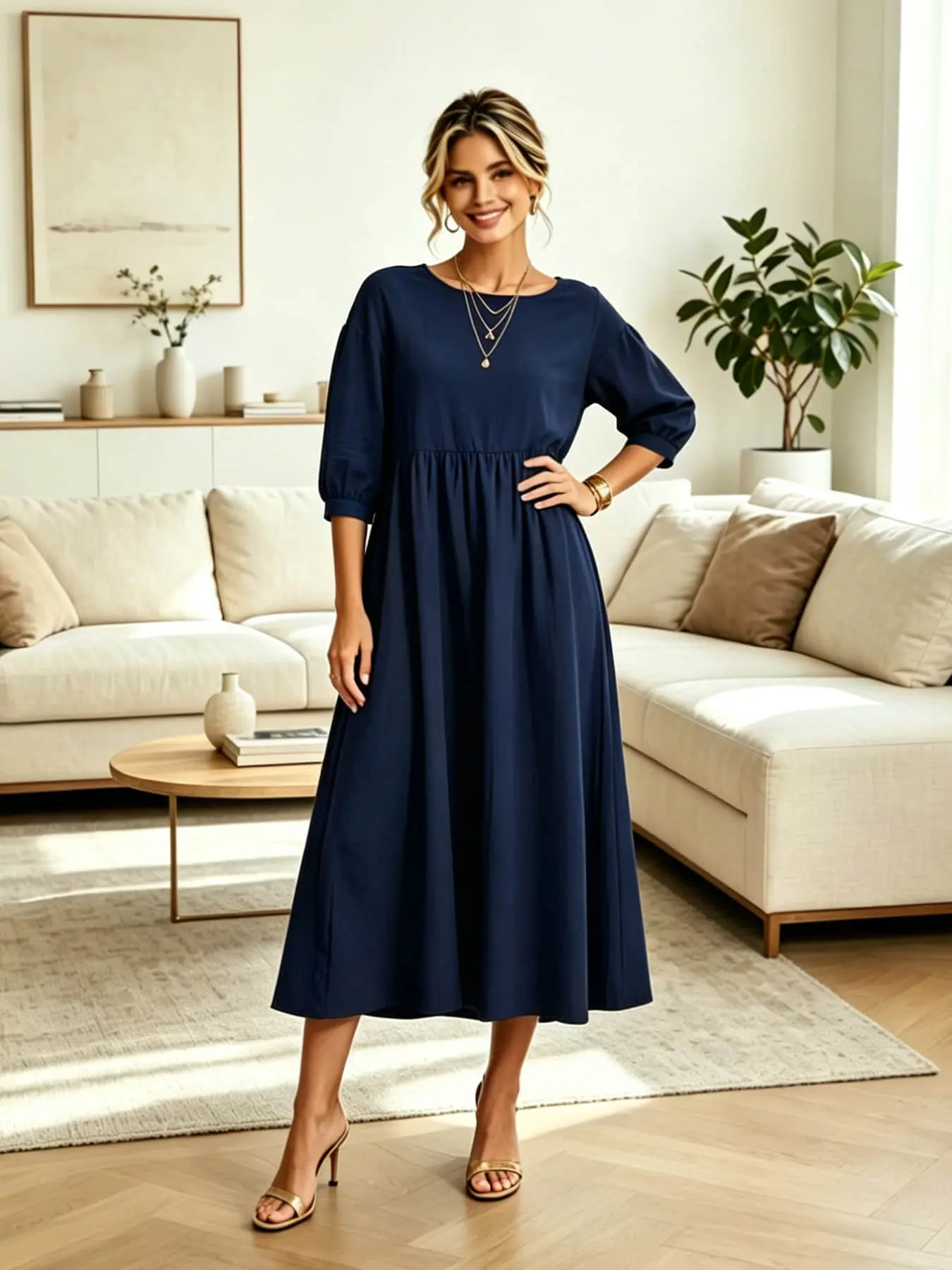 A French lazy style mid length dress with lantern sleeves, slimming and versatile casual skirt suitable for summer, daily home wear, seaside vacation, afternoon tea, Modest Dresses, Modest Outfit