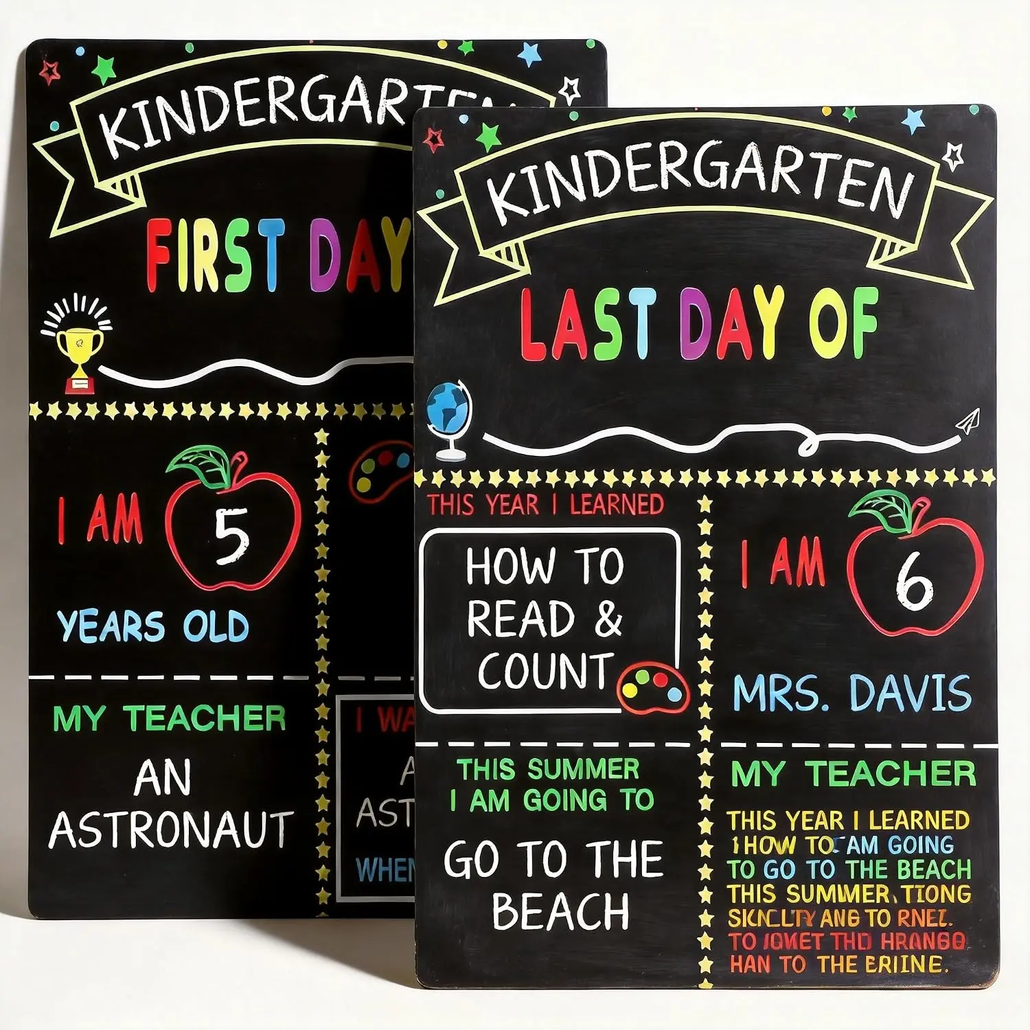 2 Pack First and Last Day of School Signs - 12"x8" Double-Sided Wooden Chalkboard Write & Wipe Photo Prop for Kids (School & Educational Office Stationery Supply), First Day Of School Sign