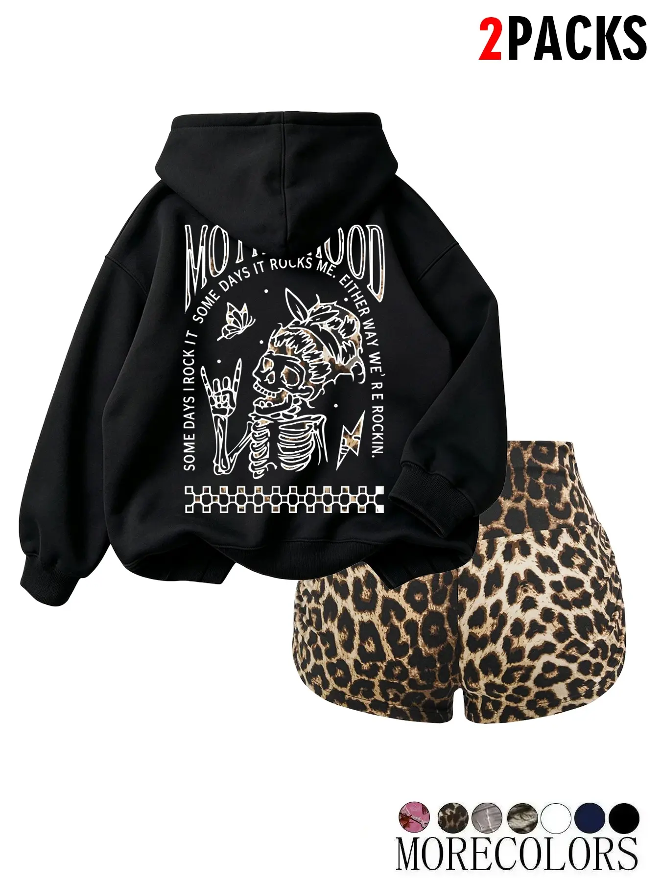 Women's Fleece Lined Hoodie & Leopard Print Shorts Matching Clothing Set, Co Ord Sets, Long Sleeve, Loose Fit, Casual Winter Streetwear, 2 Pack