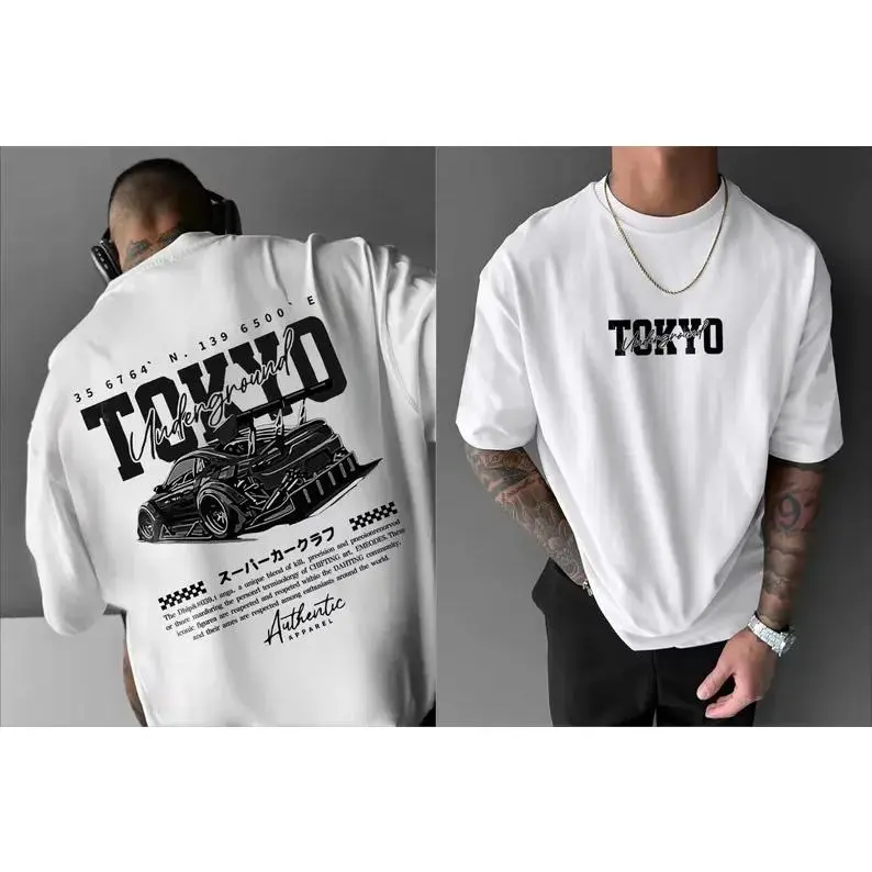 Men's Short-Sleeve Retro Racing Car Graphic Tee - Tokyo Underground Streetwear Oversized Breathable Fabric Top with Harajuku Vintage Vibe, Casual Summer Sneakers-Matching Shirt, Shortsleeve