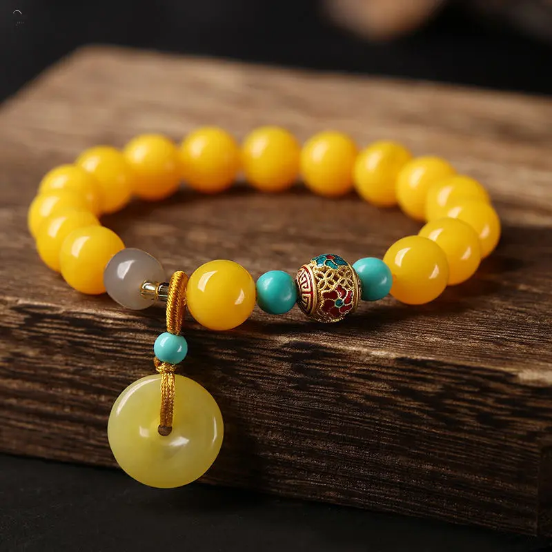 Vintage Natural Stone Beaded Bracelets, Chinese Style Yellow Agate Crystal Bracelet with Peace Buckle Pendant, Fashion Healing Stone Bangle Jewelry for Women Daily Wear Gift
