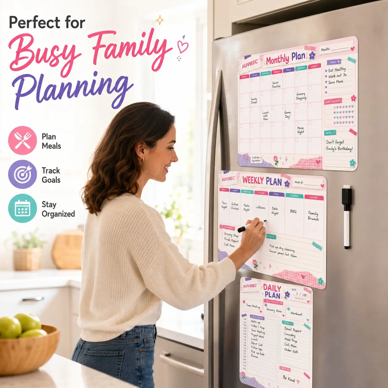 Auvirec 3-Piece Sticker Calendar Set, Reusable Pet Material, Wall Kitchen Office Use, Includes Erasable Marker Pen