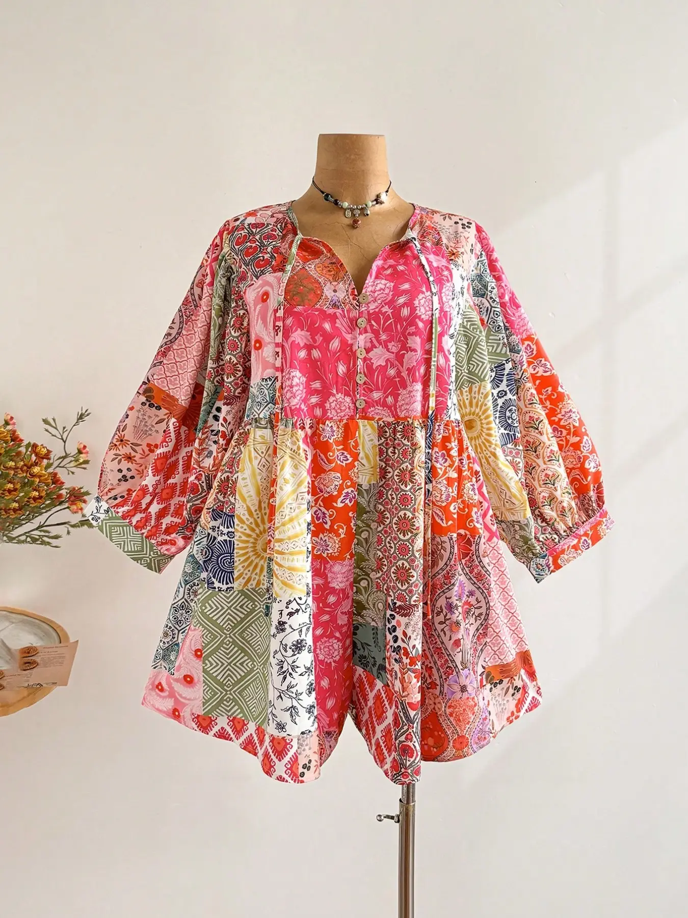 Plus Size Women's Boho Patchwork Print Romper, Summer Festival Beachwear, Floral Pattern, for Daily Casual Wear & Music Festival