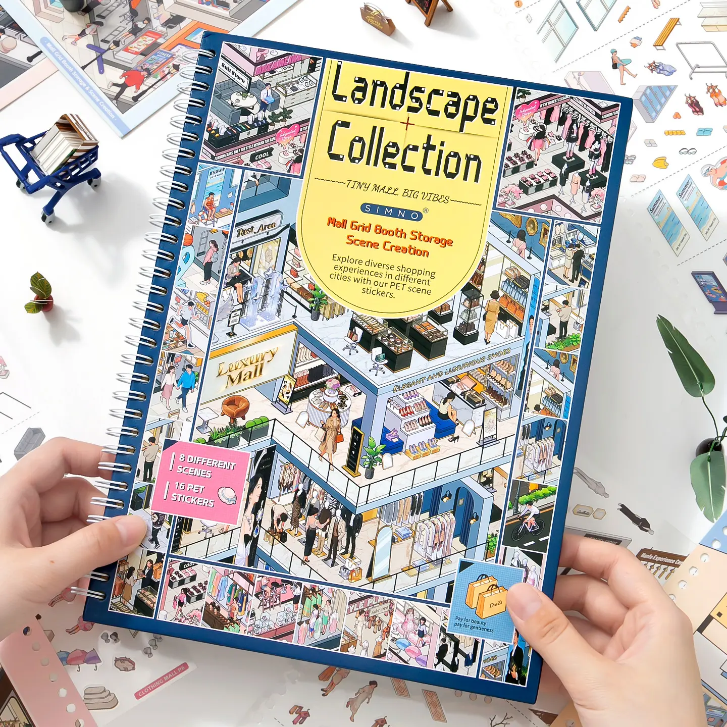 SIMNO Mini Mall DIY Decorative Sticker Set - 8 Scene Cards, 16 PET Stickers for Scrapbooking, Journaling Crafts, Diy Decorative Stickers