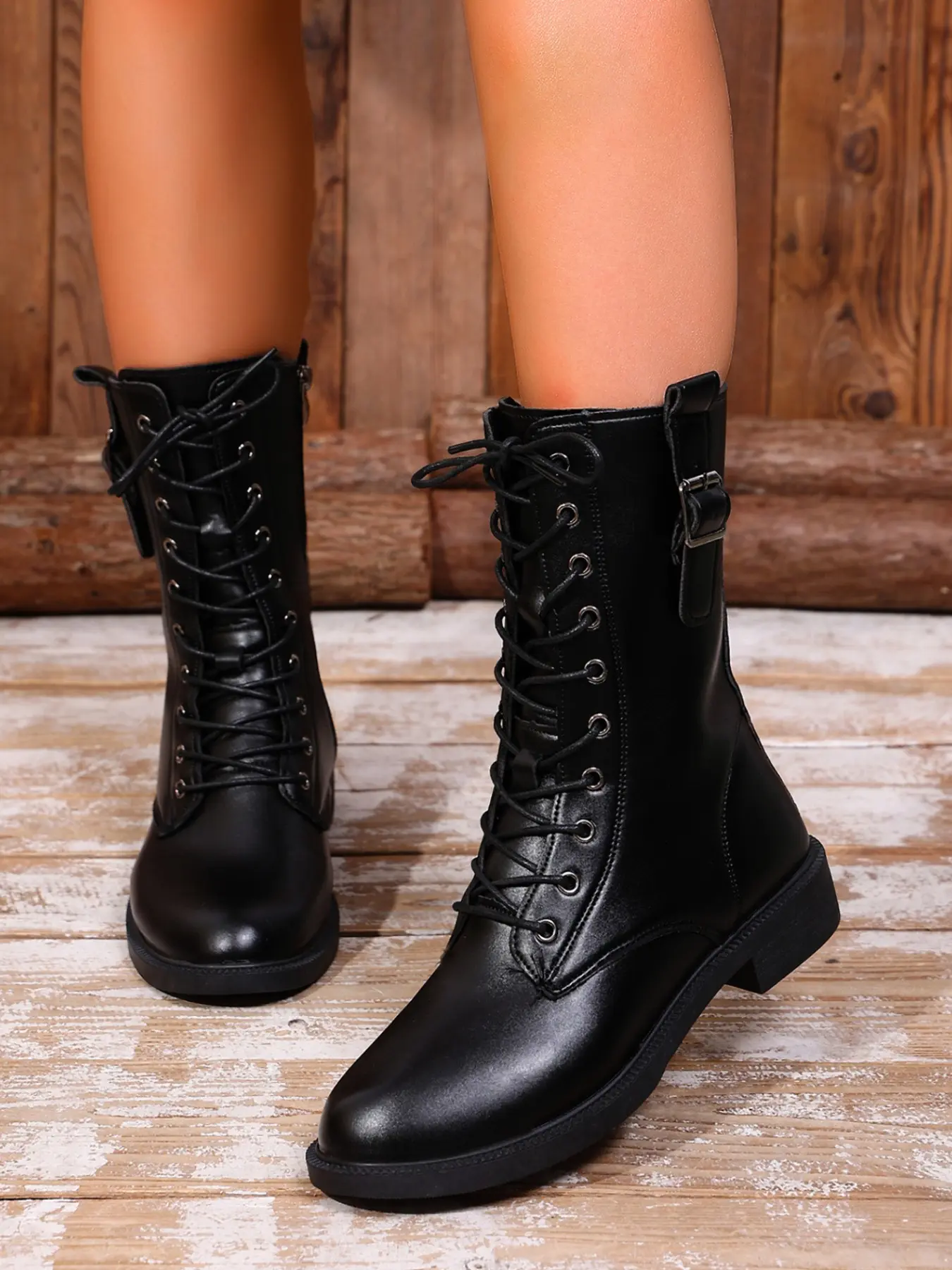 New Women's Glossy Leather Boots, Low Heel Round Toe Mid-Calf, Vintage British Workwear, Victorian Boots, Versatile Knight Boots, Fashion Boots