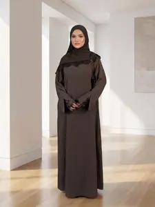 New Muslim Women's Abaya Two-Piece Set, Long Dress and Chiffon Headscarf with Contrast Lace, Elegant Nida Fabric Outfit for All Seasons, Abaya With Hijab