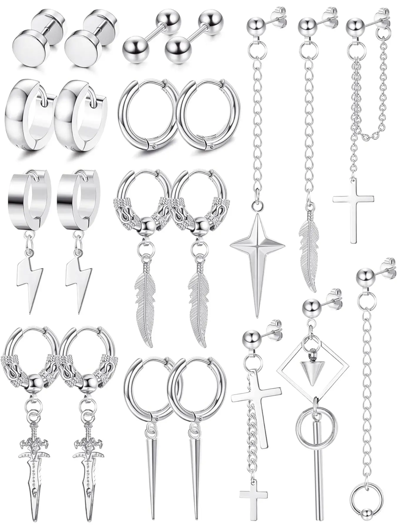 22Pcs Dangle Earrings for Men Stainless Steel Hinged Hoop Earrings Long Chain Stud Cross Dangle Earrings Set Kpop Earrings for Mens