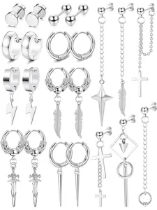 22Pcs Dangle Earrings for Men Stainless Steel Hinged Hoop Earrings Long Chain Stud Cross Dangle Earrings Set Kpop Earrings for Mens