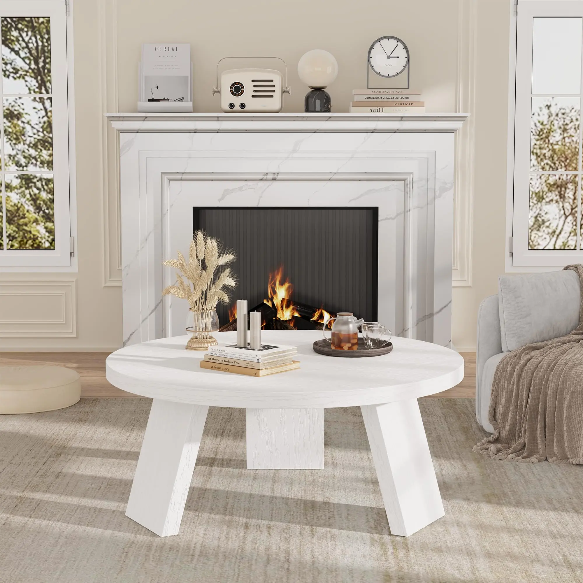 Garvee Space-Saving Modern Round Coffee Table for Living Room - Center Table with Sturdy Inclined Legs - Easy Assembly - Small Space Accent Cocktail Table - White, Walnut Brown, or Black Wood Grain, Circular Tea Table, Apartment Furniture, Finish