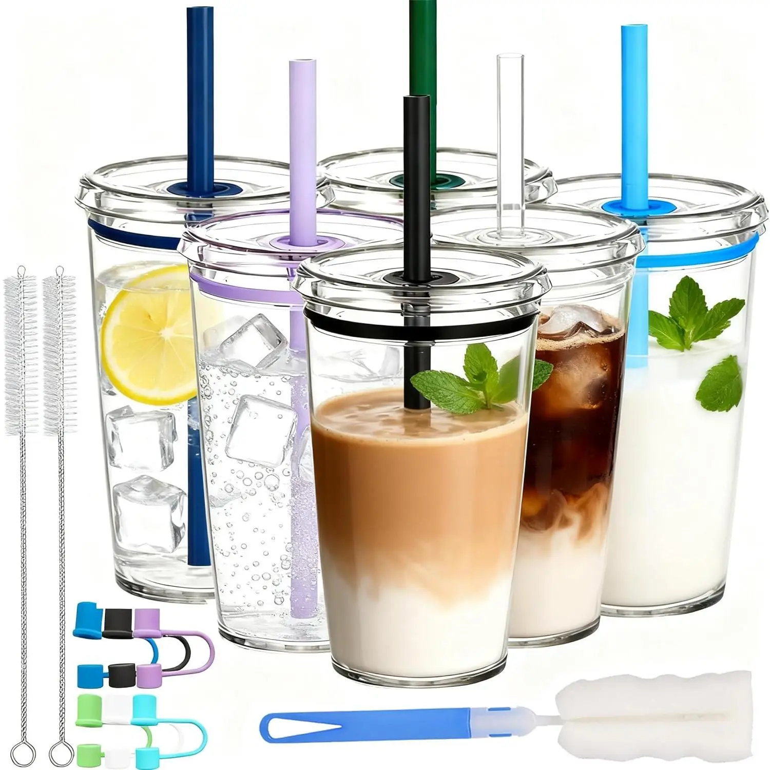 Clear Tumbler Cup, 16 oz Plastic Iced Coffee Cup with Lid and Straw, 6 Pack,  and Dishwasher Safe, for Gatherings and Outdoor Adventures (6, Solid Color)