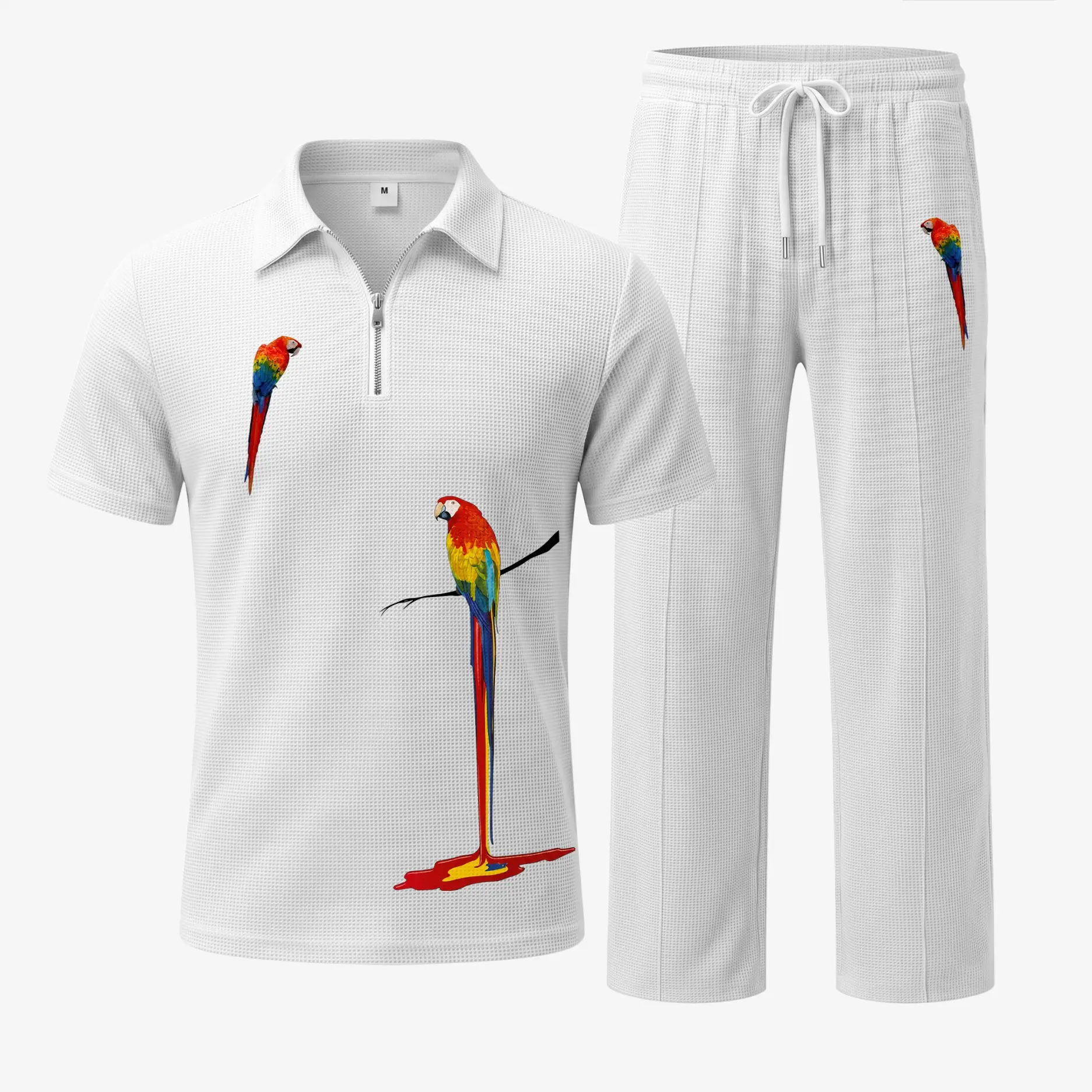 Men’s Parrot Print Waffle Fabric Zip Collar Polo Shirt and Pants Set, Short Sleeve Polo Top with Matching Drawstring Trousers, Casual Two Piece Outfit