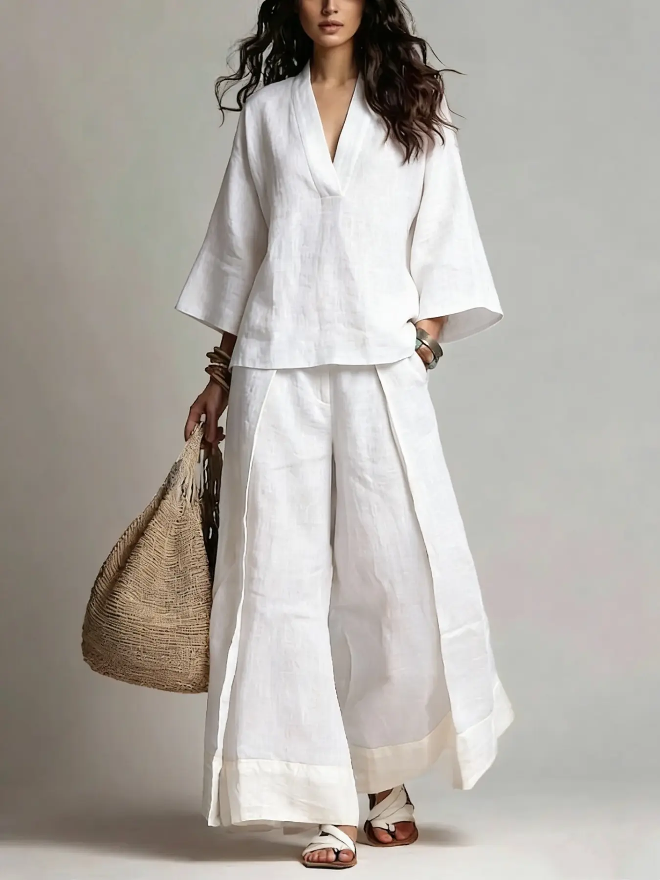 【XX72 Exclusive】 2026 SpringFall French V-Neck Shirt Set Bohemian | 3/4 Sleeve Blouse & Wide Leg Pants Two-Piece Outfit
