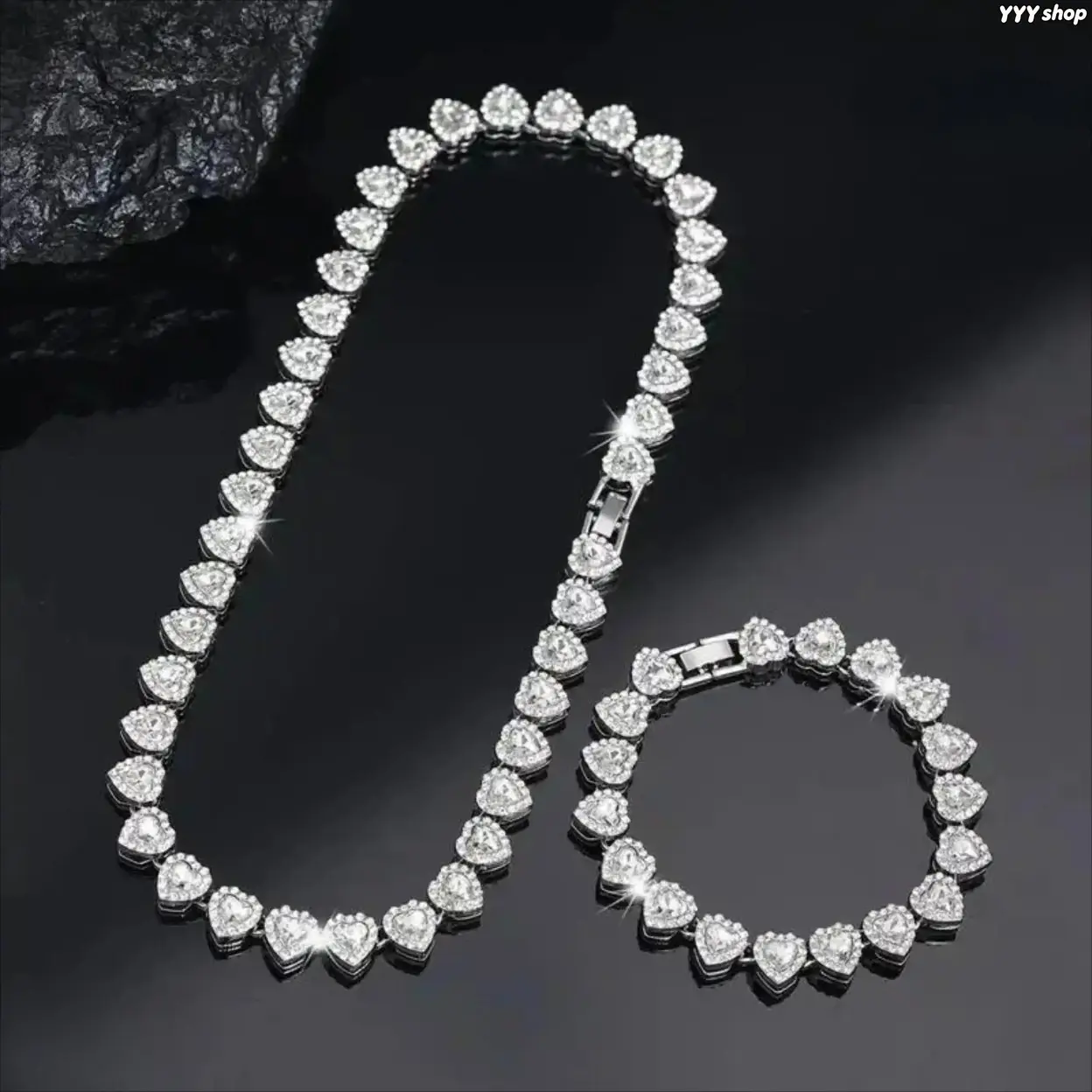 Women’s 2-Piece Iced Out Jewelry Set - Heart Necklace, Cuban Link Chain Choker & Matching Bracelet, Full Crystal Hip-Hop Accessory for Party Wear, Ideal Valentine’s Day & Birthday Gift, Hip-Hop Bling