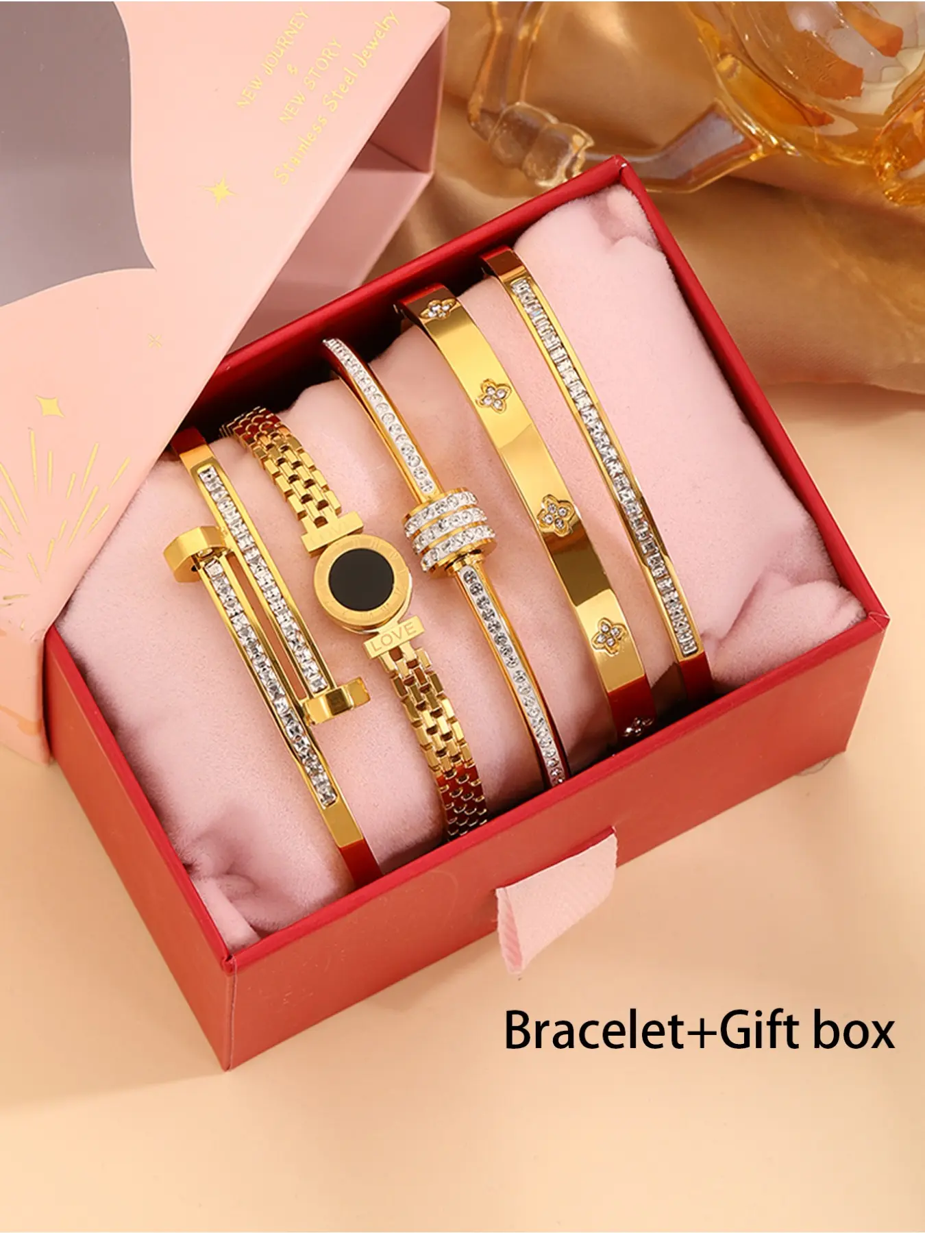 5-Piece Unisex 304 Stainless Steel Stackable Link Elegant Jewelry Bracelet Set with Gift Box, Ideal Christmas & Birthday Gift