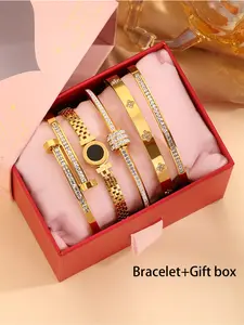 5-Piece Unisex 304 Stainless Steel Stackable Bracelet Set with Gift Box, Ideal Christmas & Birthday Gift