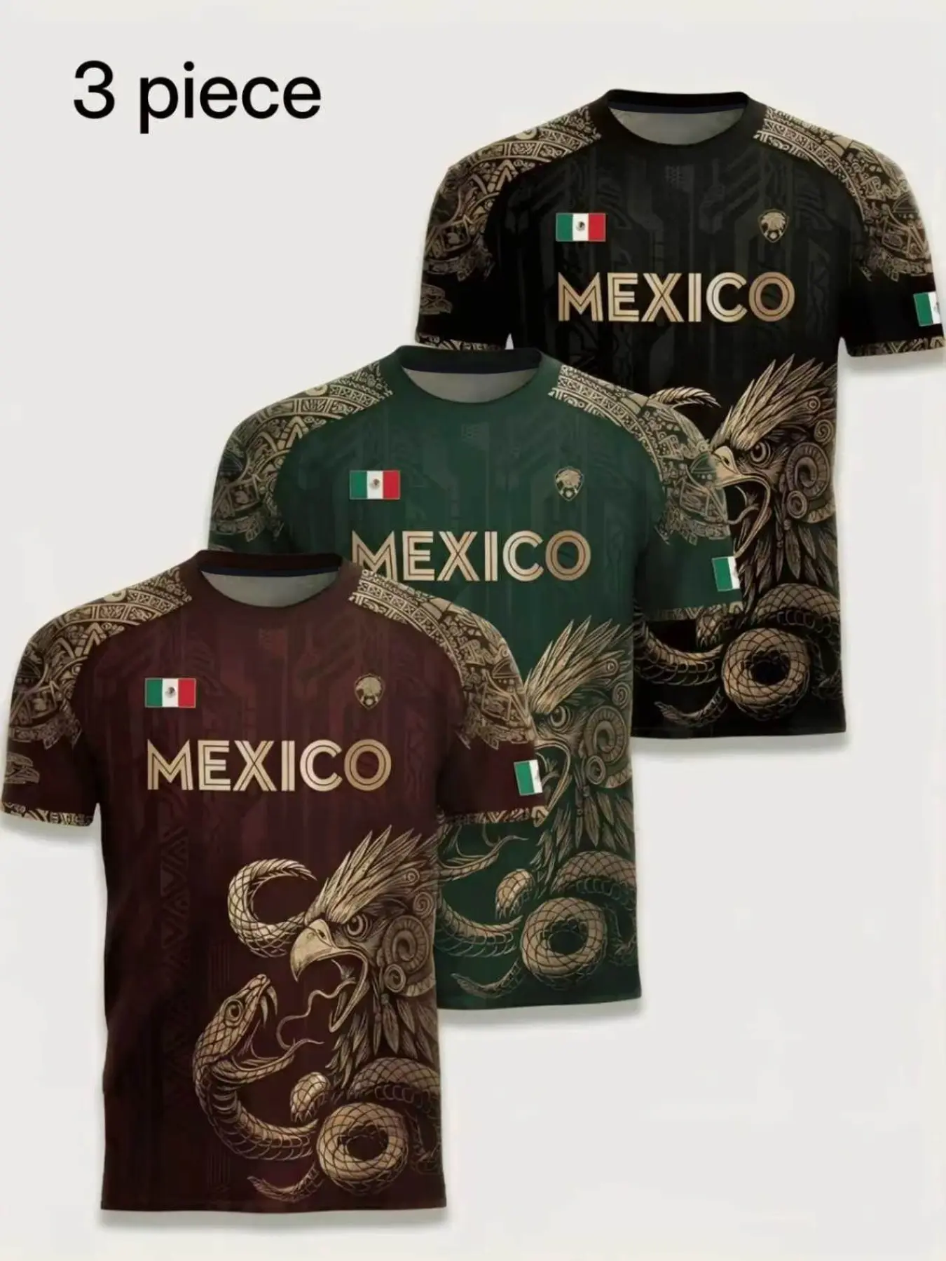 3-Pack Men's Round Neck T-Shirts, Moisture-Wicking Sportswear, Athletic Tees, Mexican Pattern Design, Lightweight Gym Training Tees, Casual Daily Wear, Fitness Workout Shirt, Casual Sporty Shirt