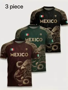 3-Pack Men's Round Neck T-Shirts, Moisture-Wicking Sportswear, Athletic Tees, Mexican Pattern Design, Lightweight Gym Training Tees, Casual Daily Wear, Fitness Workout Shirt