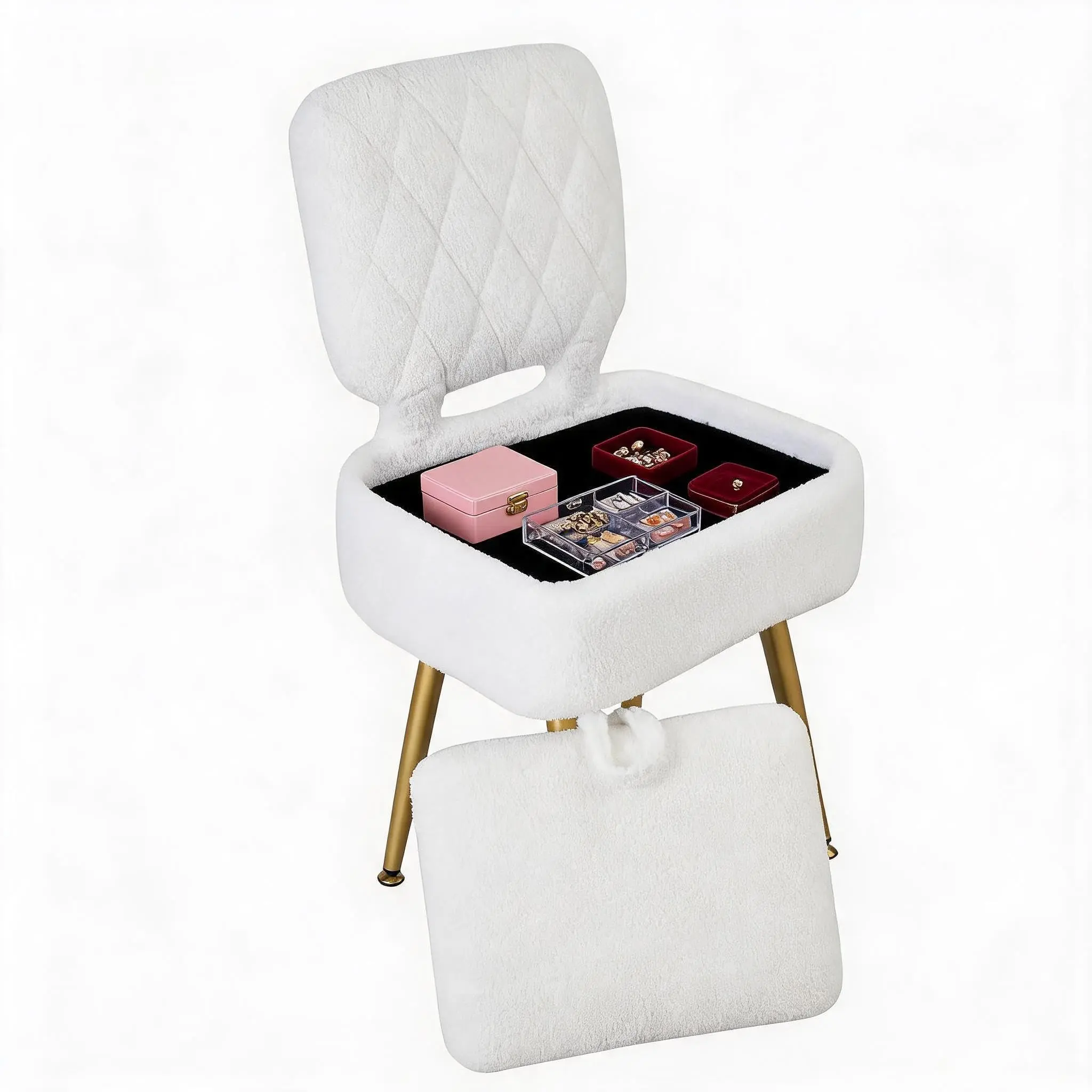 Small Vanity Stool Chair with Storage & Foldable Backrest, Modern Makeup Stool with Metal Legs | Plush Padded Seat Cushion for Bedroom Dressing Table