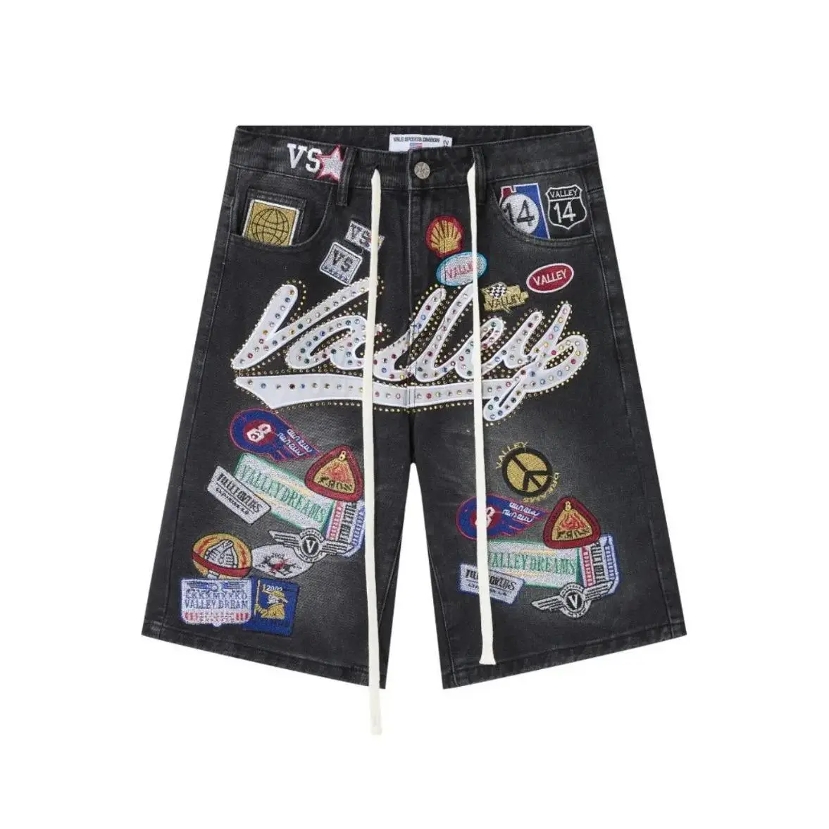 New Valley Dreams Rhinestone Embroidered Washed Denim Jorts for Men, Y2K Hip Hop Baggy Jean Shorts, Heavy Distressed Knee Length Oversized Streetwear Denim Shorts, Vintage High Street Casual Skatewear, Summer Festival Concert Outfit, Harajuku Urban Fashio