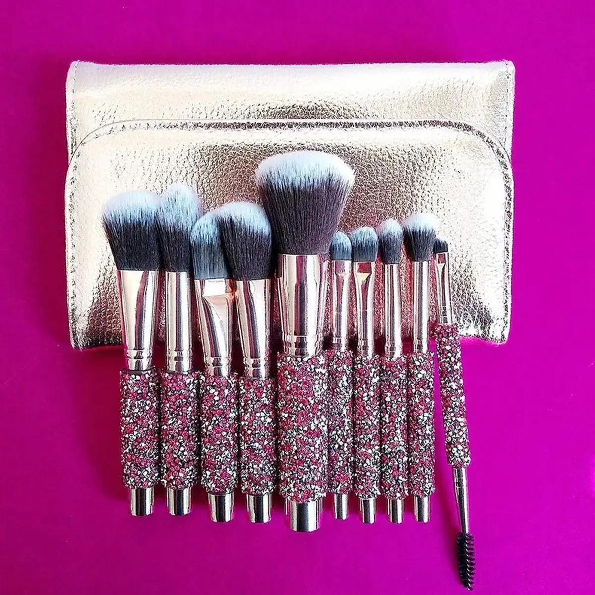 10-Piece Handcrafted High-End Diamond-Encrusted Pink Makeup Brushes Set - Portable Tools for Makeup Renewal, Brushes For Makeup